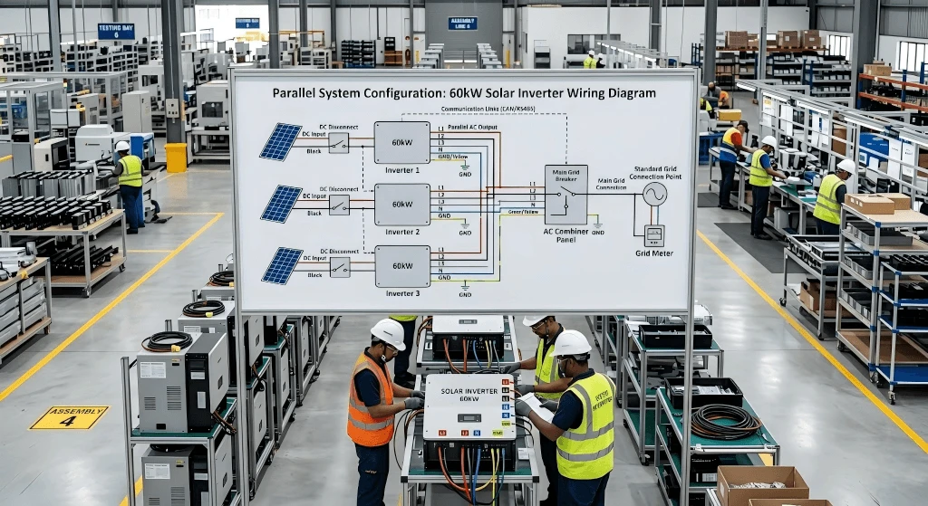 Parallel system wiring diagram for Hemao 60KW off-grid inverters showing communication and AC bus synchronization Parallel system wiring diagram for Hemao 60KW off-grid inverters showing communication and AC bus synchronization
